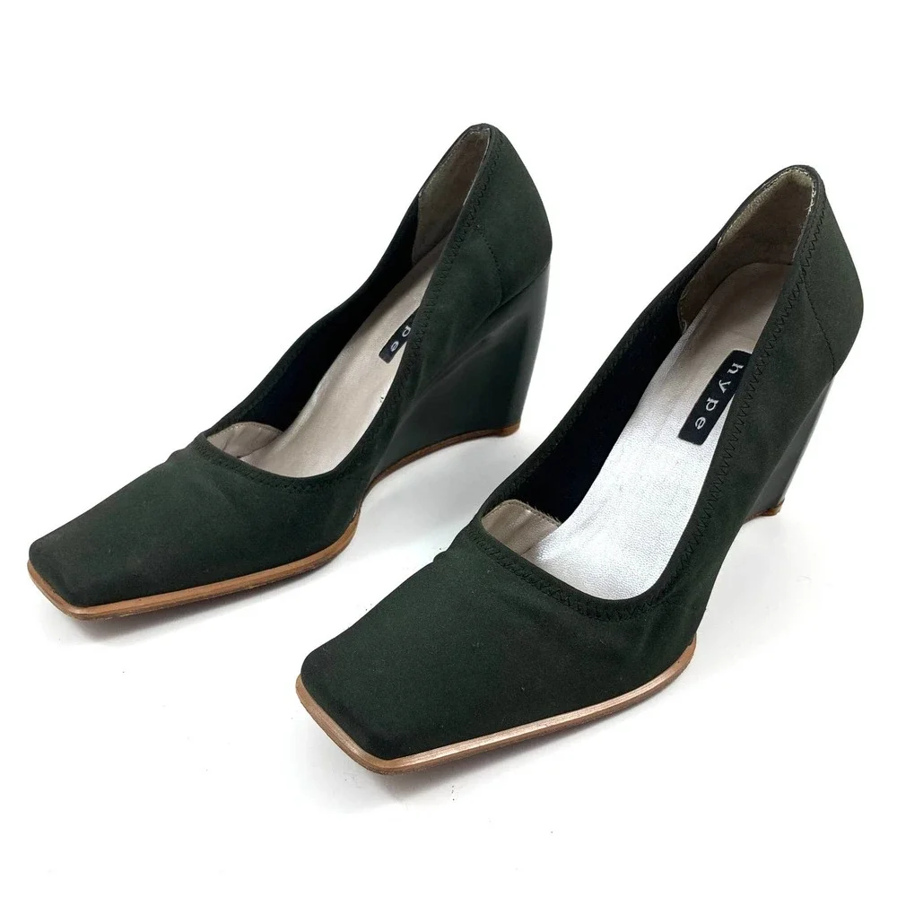 ❌SOLD❌ Vintage 90's HYPE Spain dark green wedge square toe shoes - Picture 2 of 13